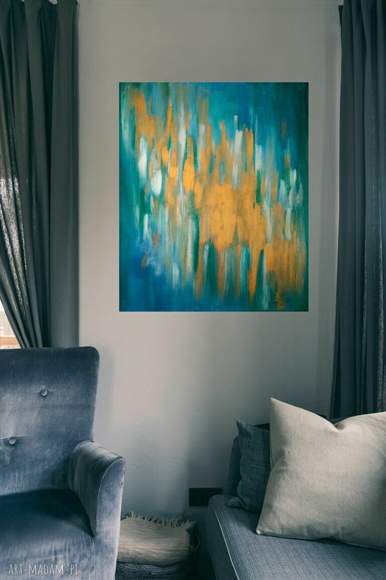 Obraz abstrakcja "Złoty deszcz" 50x60 cm - złote refleksy na ścianie