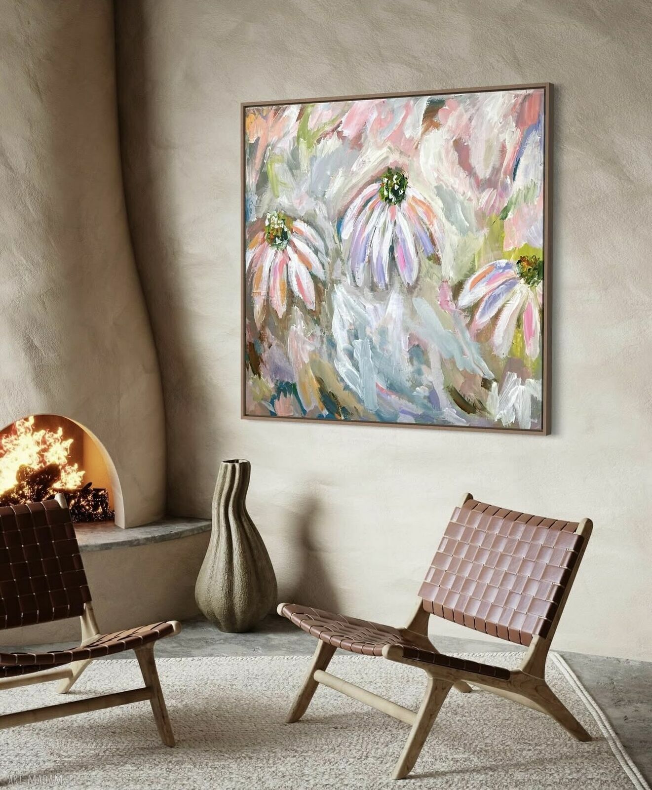 Abstrakcyjny obraz 80x80 cm z kwiatami w pastelowych barwach