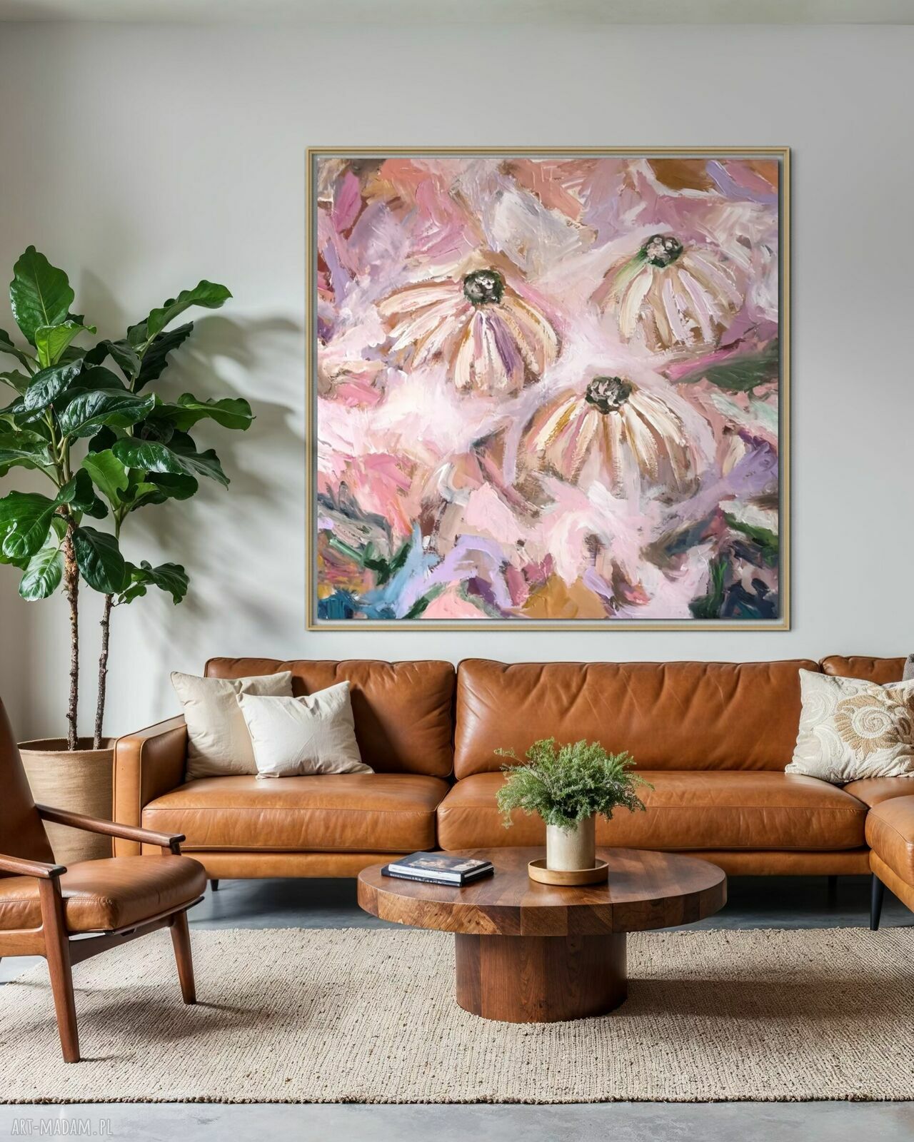 Obraz abstrakcyjny 80x80 cm do salonu - kwiatowa kompozycja w odcieniach różu