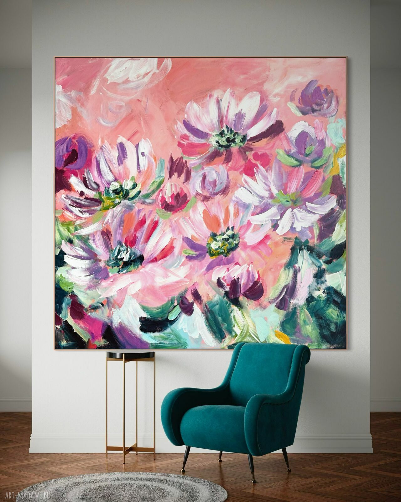 Obraz abstrakcyjny kwiaty 100x100 cm - autorski akryl na płótnie do salonu