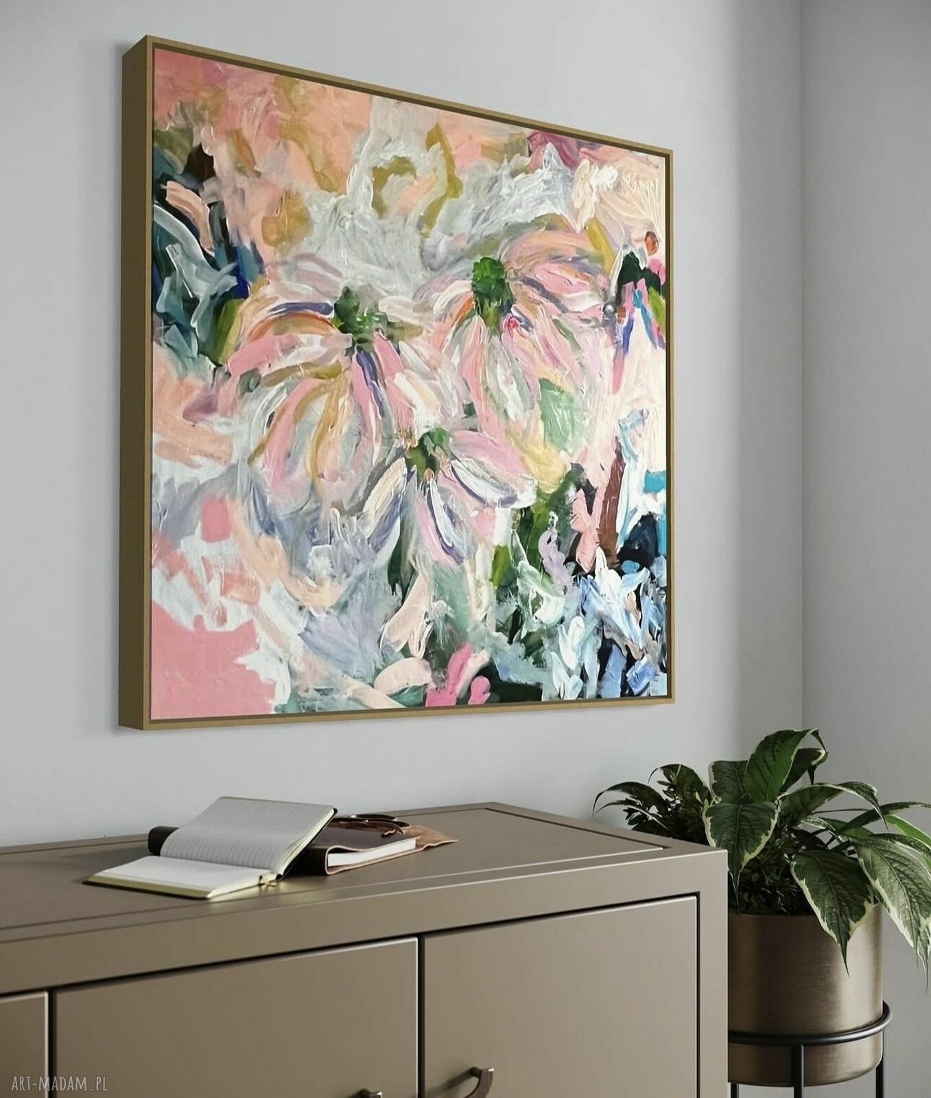 Obraz abstrakcyjny 80x80 cm z kwiatami - wydruk do salonu