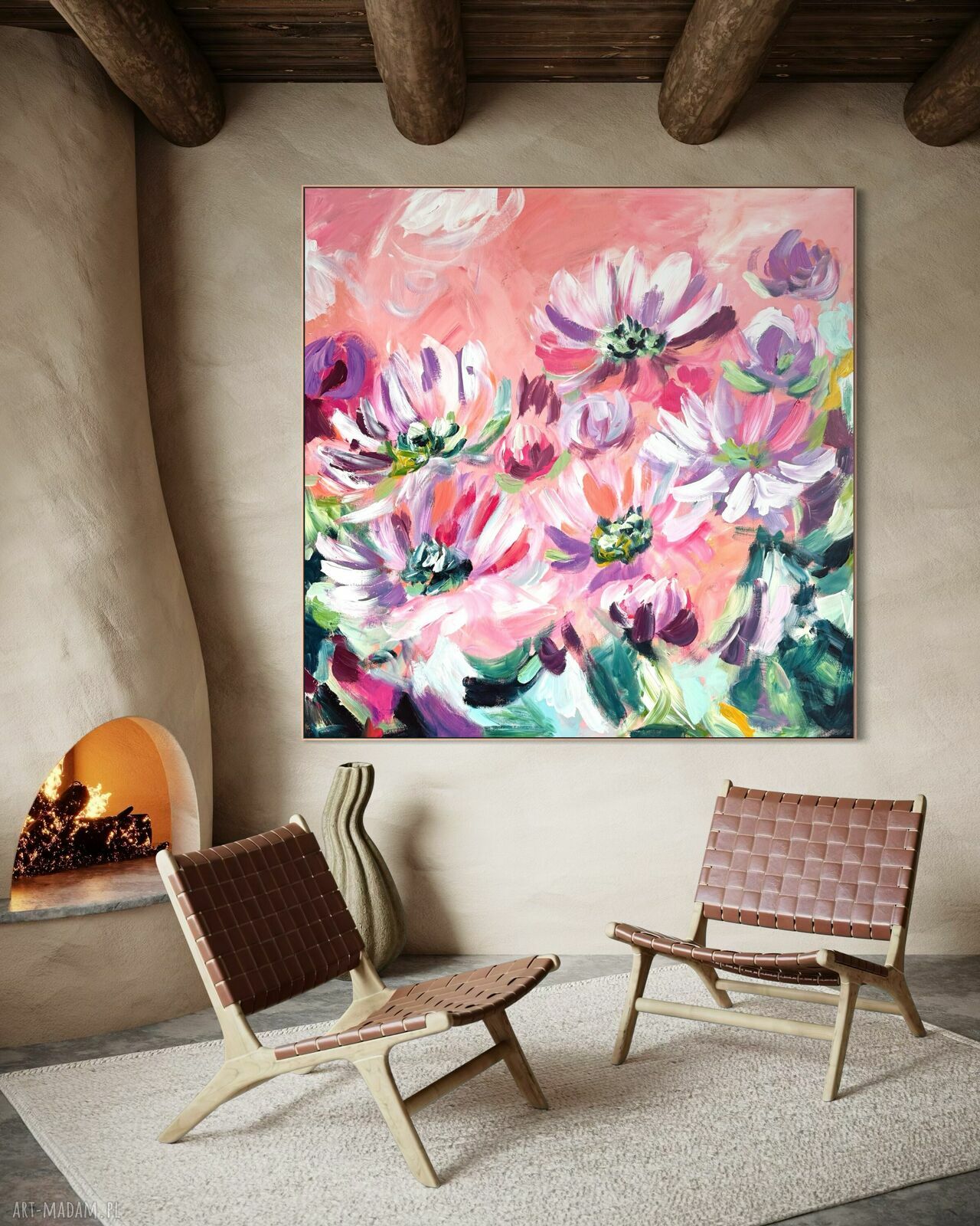 Obraz abstrakcyjny kwiaty 100x100 cm - autorski akryl na płótnie do salonu