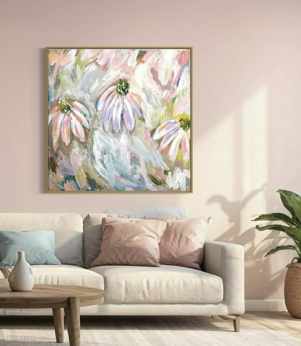 Abstrakcyjny obraz 80x80 cm z kwiatami w pastelowych barwach