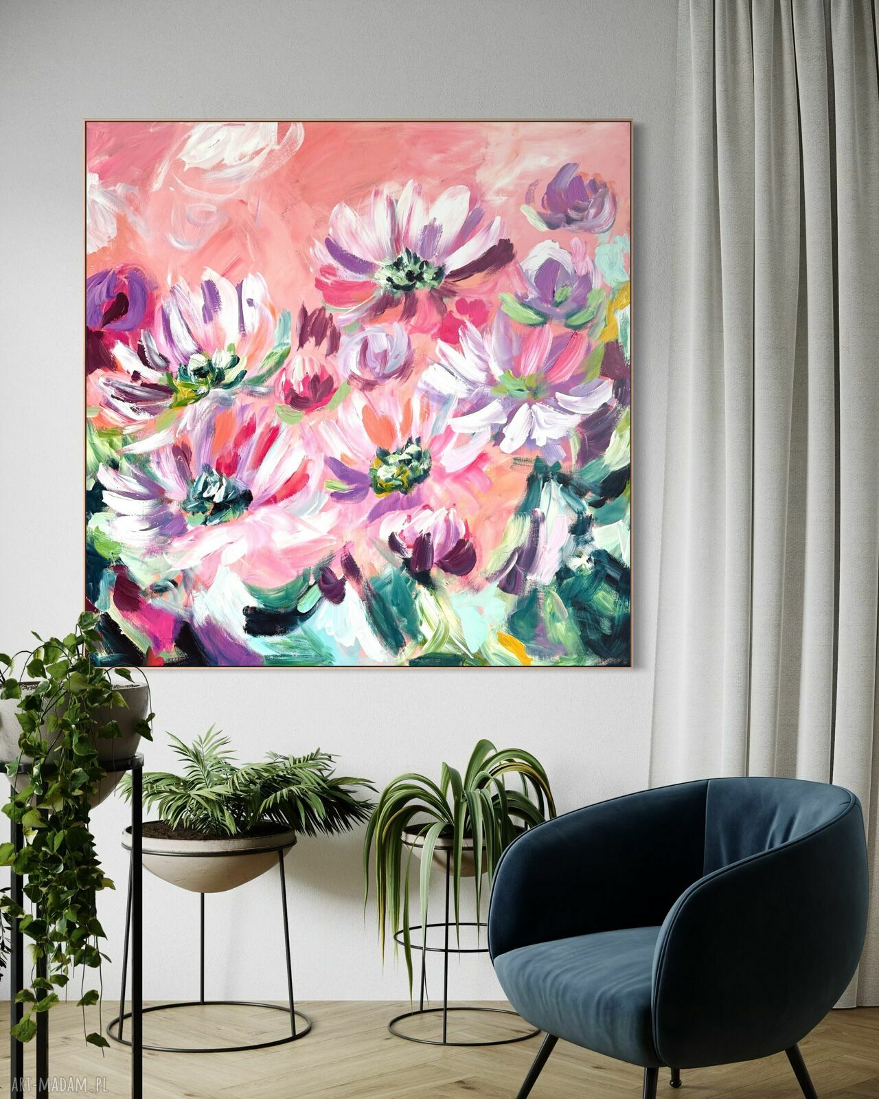 Obraz abstrakcyjny kwiaty 100x100 cm - autorski akryl na płótnie do salonu