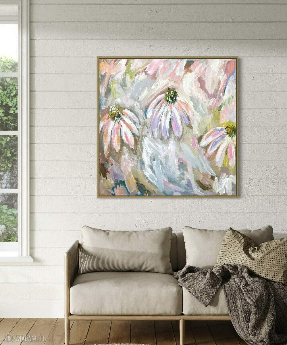 Abstrakcyjny obraz 80x80 cm z kwiatami w pastelowych barwach