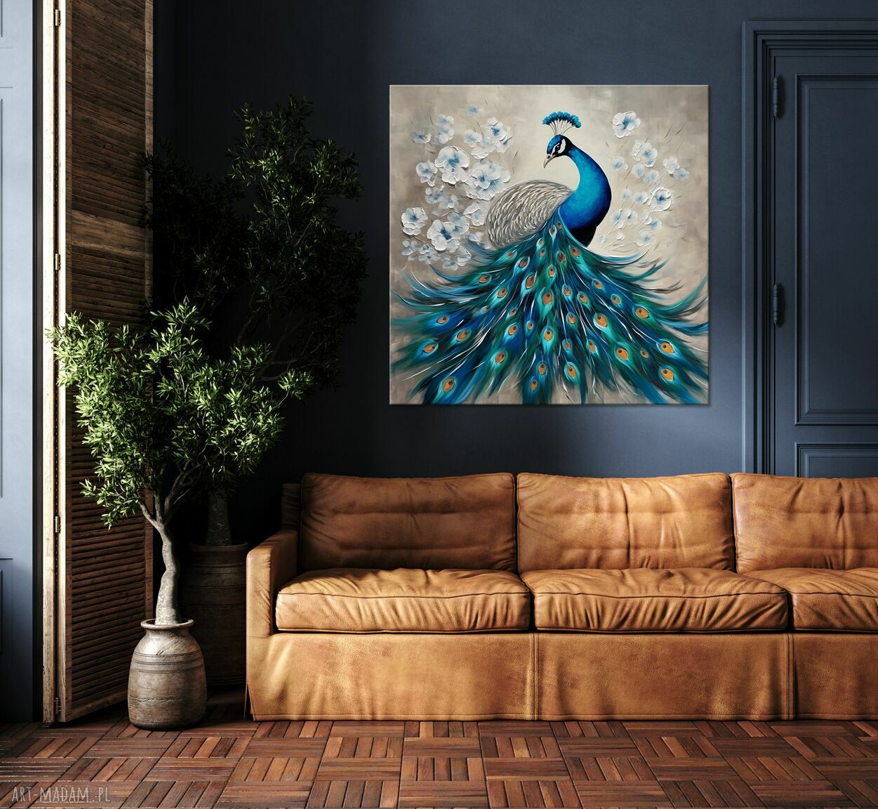 Abstrakcyjny obraz z pawiem 50x50 cm na szaro-beżowym tle