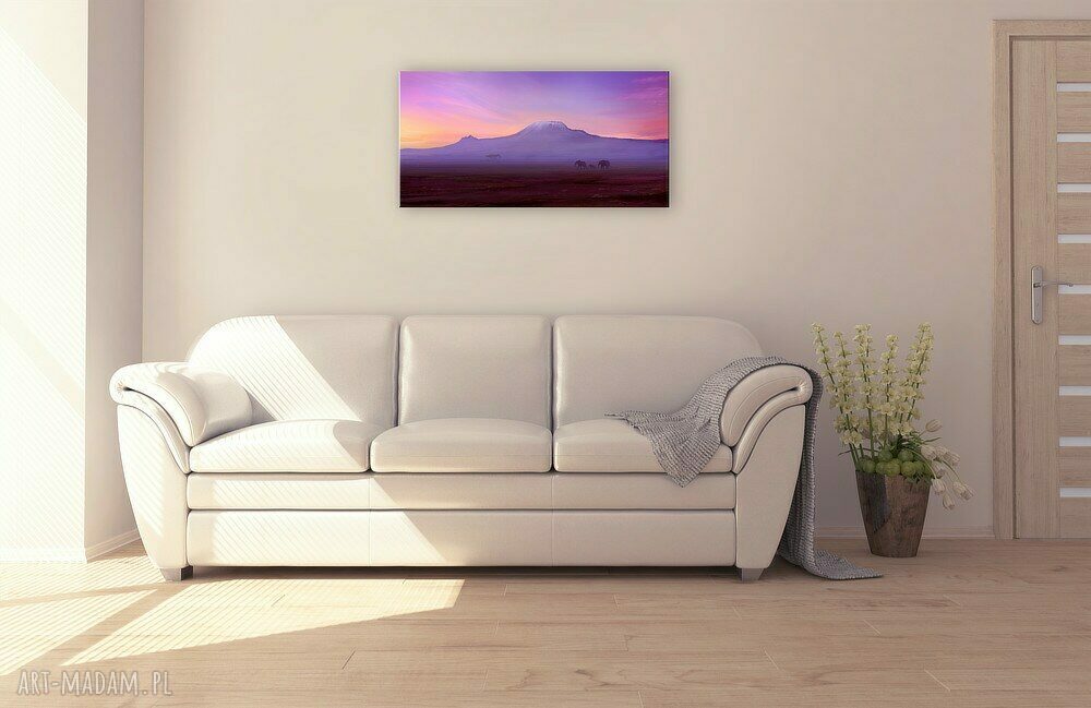 Obraz Afryka 3 - płótno 75x38 cm ze słoniami i wschodem słońca nad Kilimandżaro