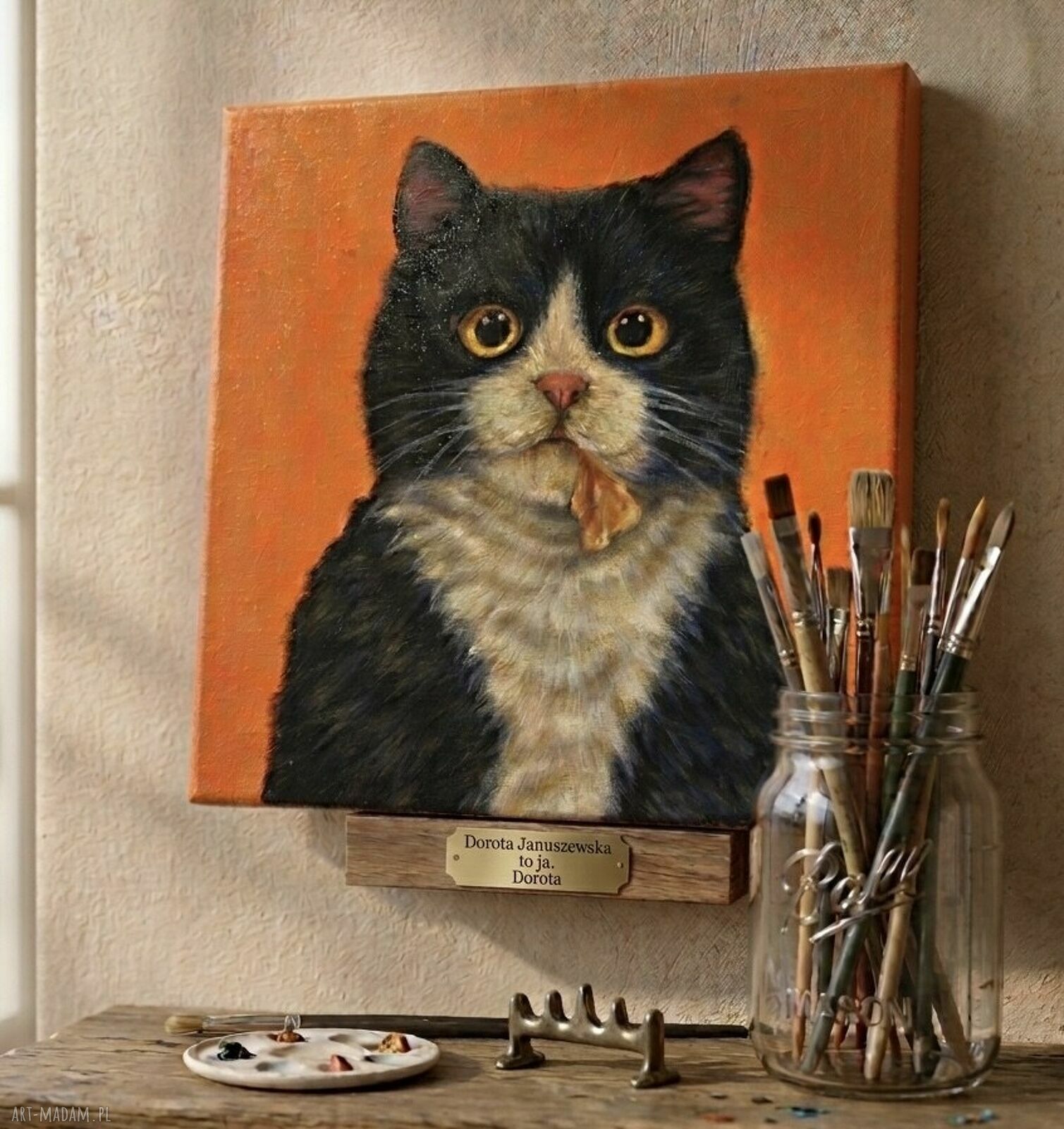 Obraz akrylowy „Spełnienie” - kot z pizzą 20x20 cm