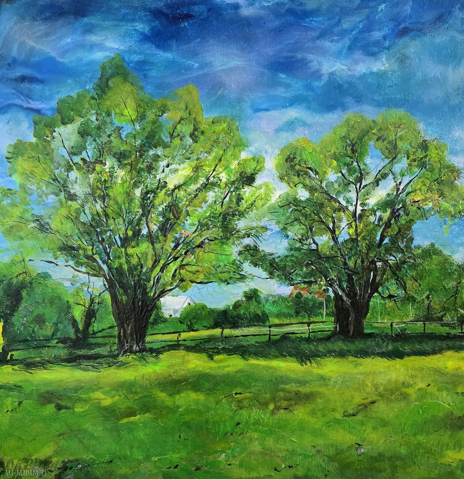 Wiosenna sielanka - obraz akrylowy 50x40 cm (pejzaż drzew i wieś)