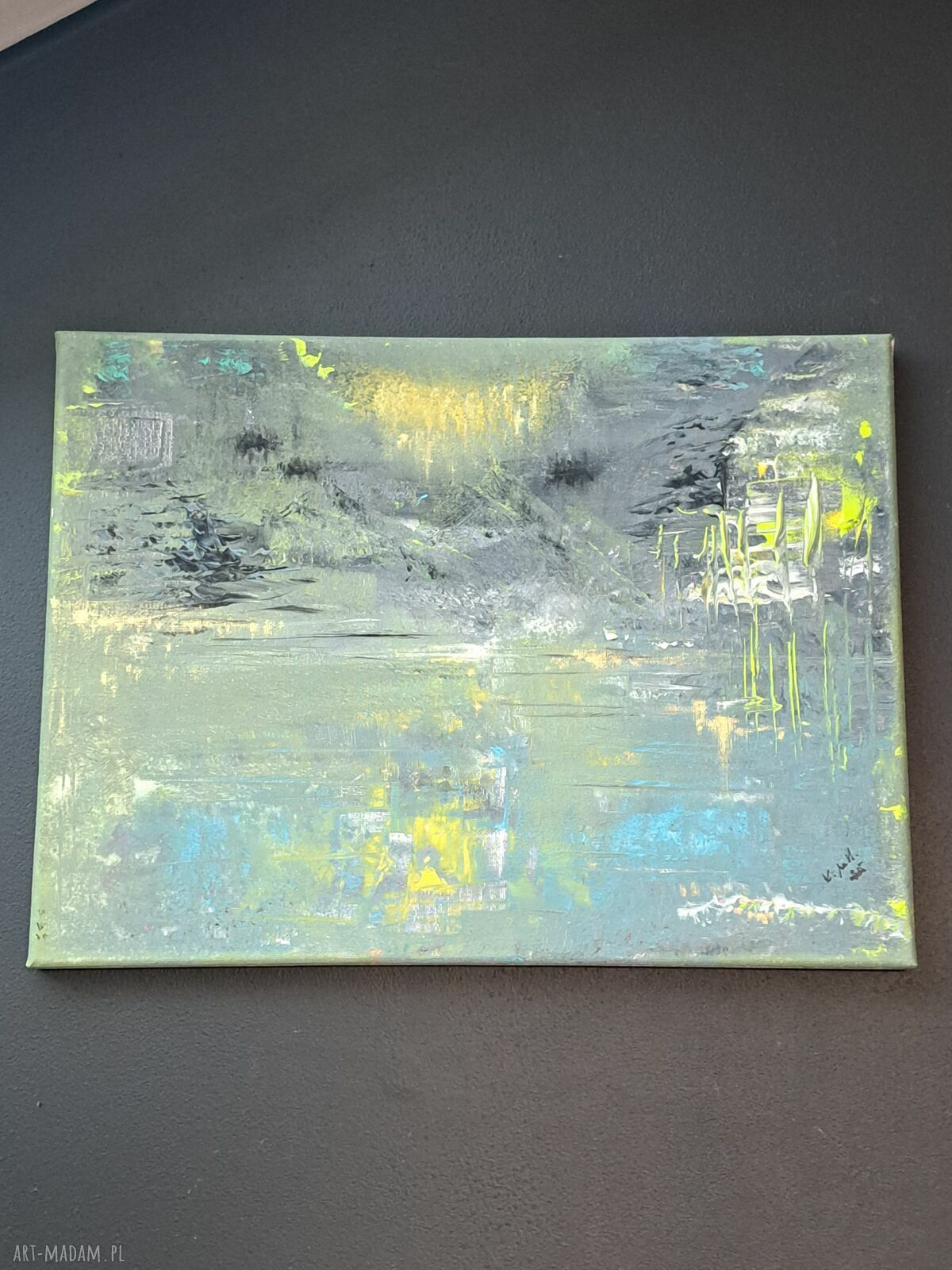 Obraz akrylowy „Mrok” 30x40 cm - turkus, zieleń i złote akcenty (handmade)
