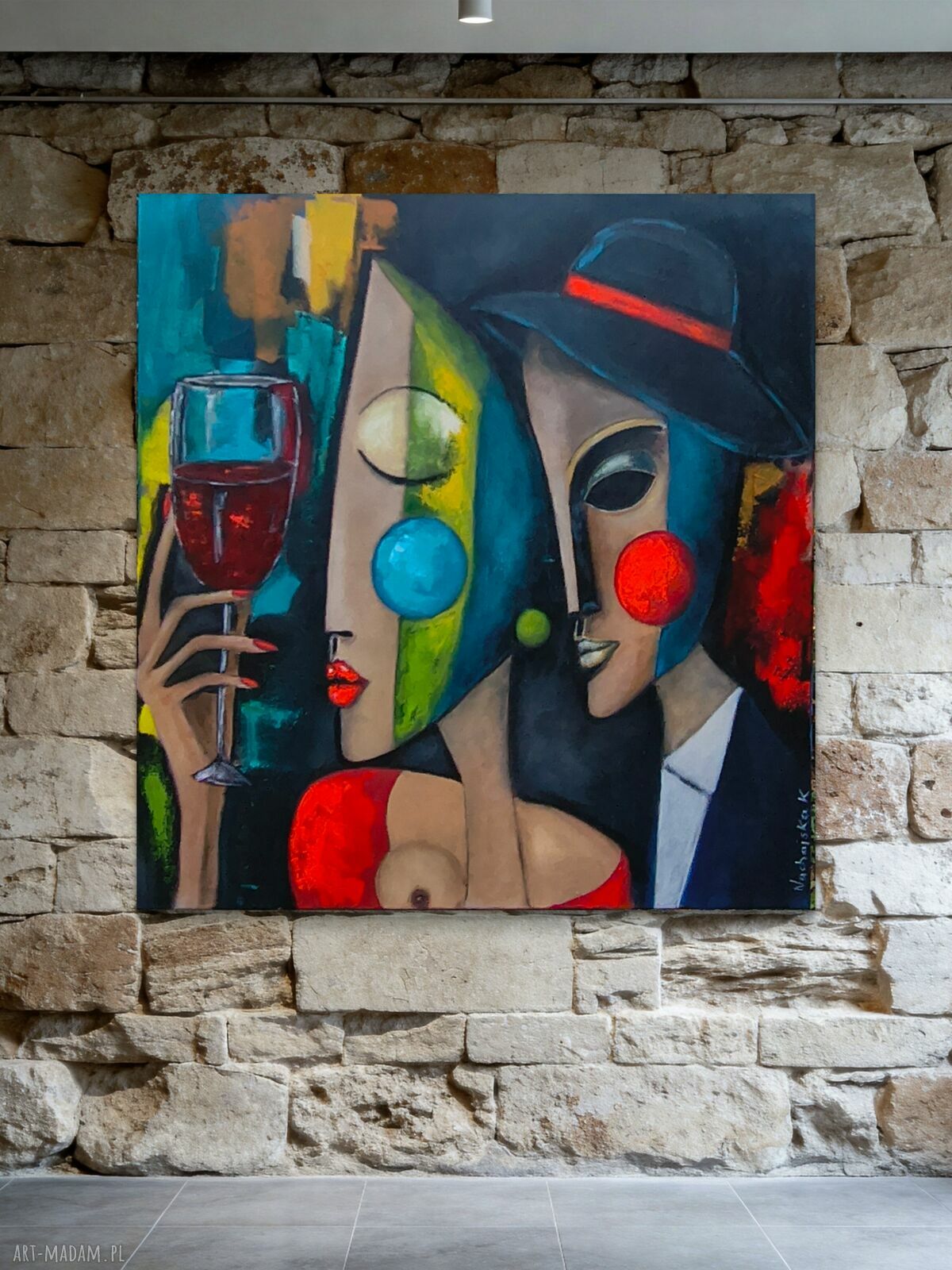 Jeden kieliszek ciszy - ręcznie malowany obraz akrylowy 100x100 cm