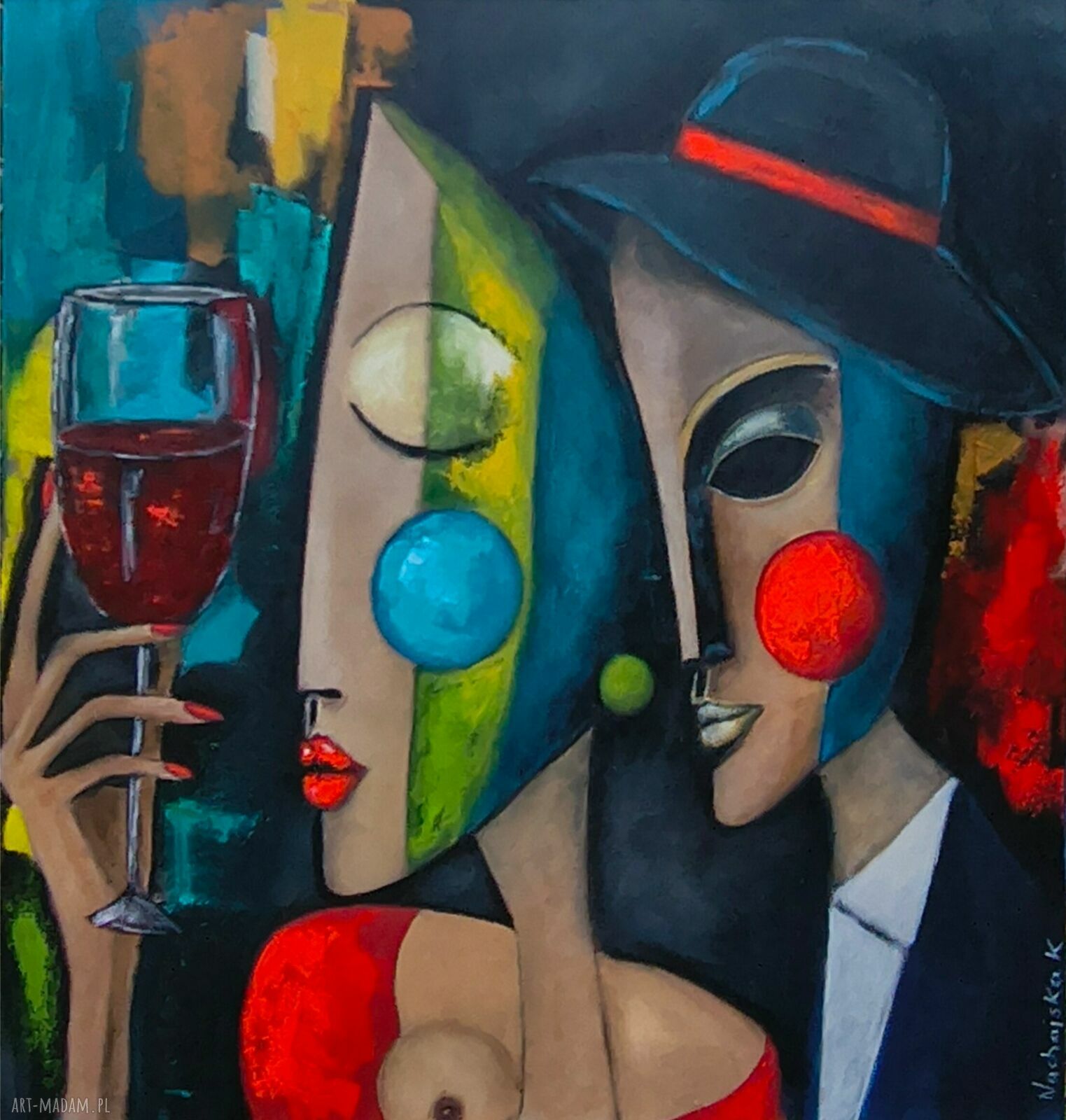 Jeden kieliszek ciszy - ręcznie malowany obraz akrylowy 100x100 cm