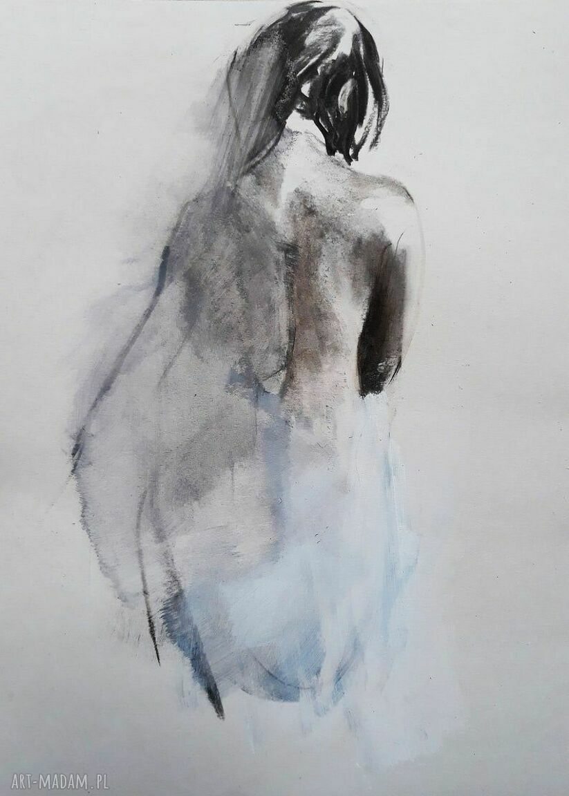 Obraz akt kobiecy z bielą - czarno-biała grafika fine art Giclee 64x47 cm