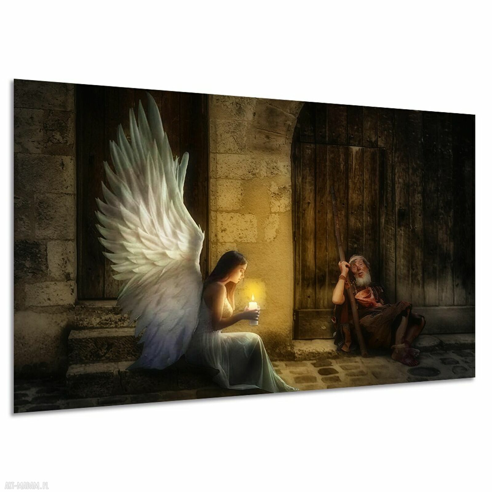 Obraz anioł ze skrzydłami, świecą i starcem - 120x80 cm