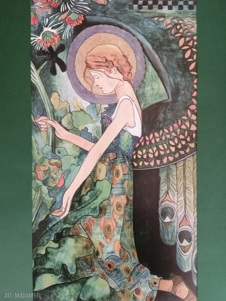 Obraz 'Anioł w Ogrodzie' secesja akwarela - złota ramka 38 x 48 cm