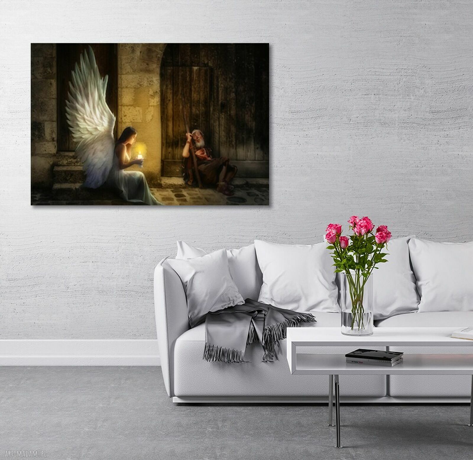 Obraz anioł ze skrzydłami, świecą i starcem - 120x80 cm