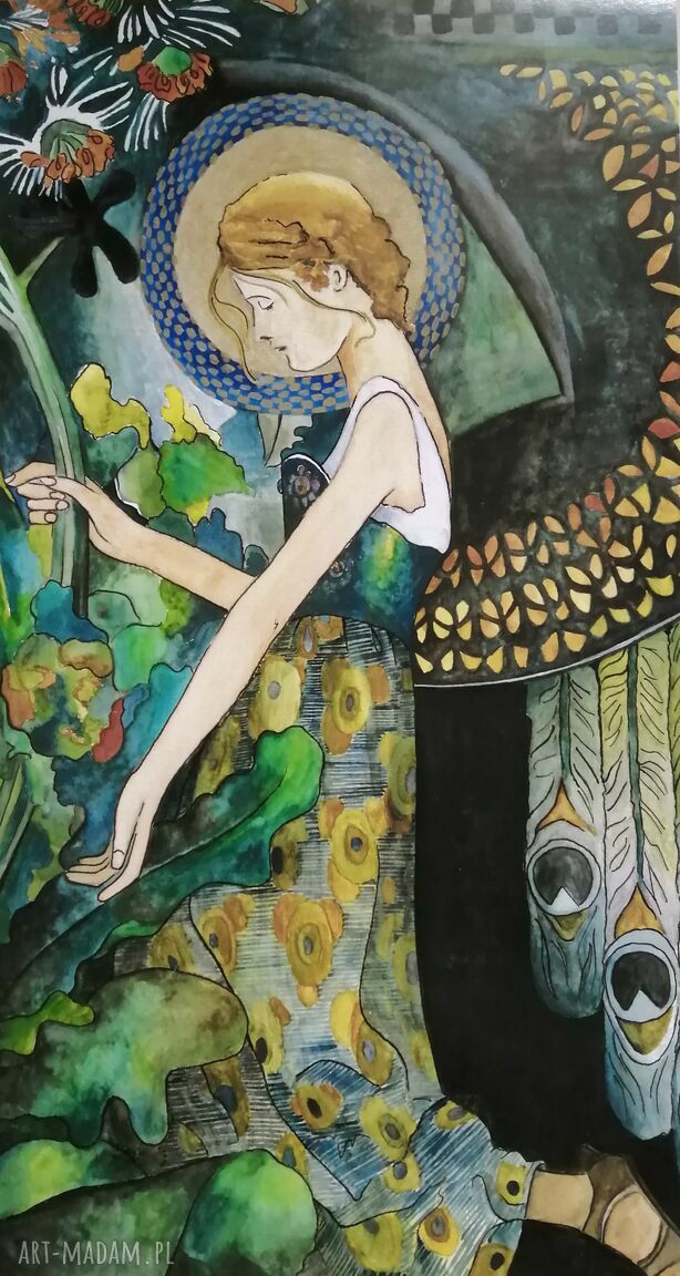 Obraz 'Anioł w Ogrodzie' secesja akwarela - złota ramka 38 x 48 cm