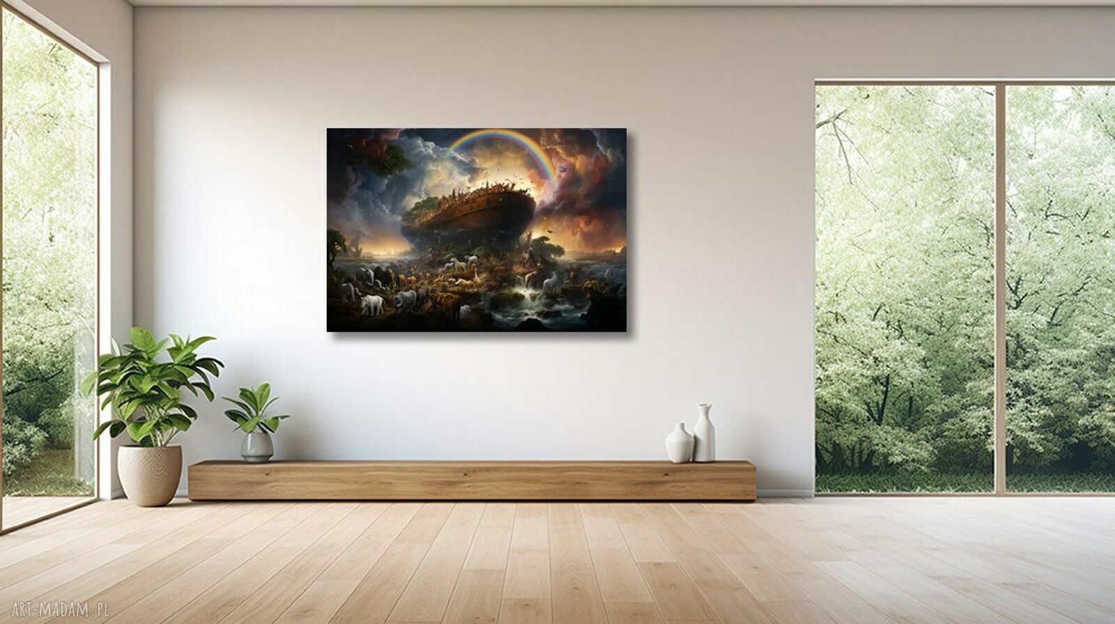 Obraz Arka Noego na płótnie 120x80 cm - statek, zwierzęta i tęcza