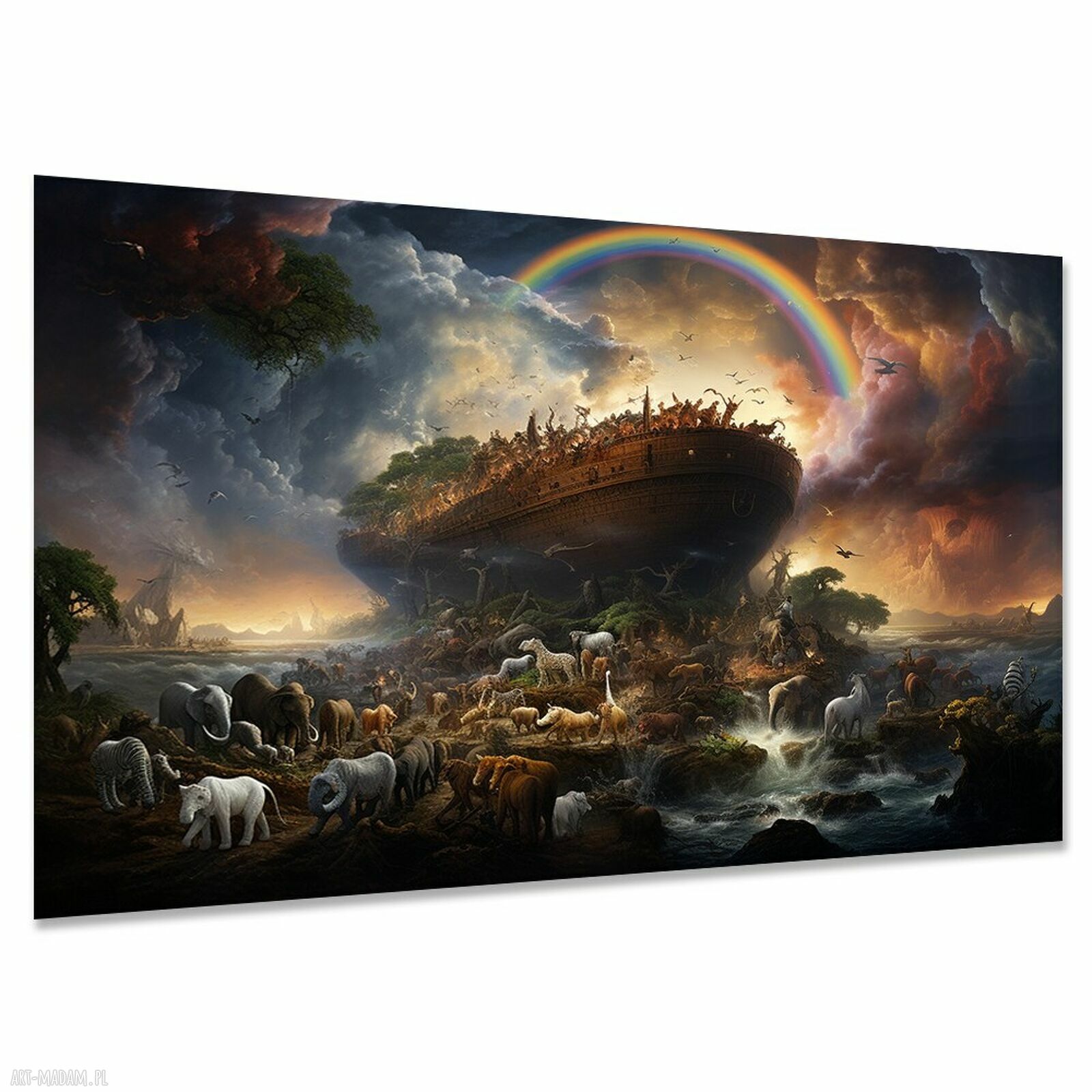 Obraz Arka Noego na płótnie 120x80 cm - statek, zwierzęta i tęcza