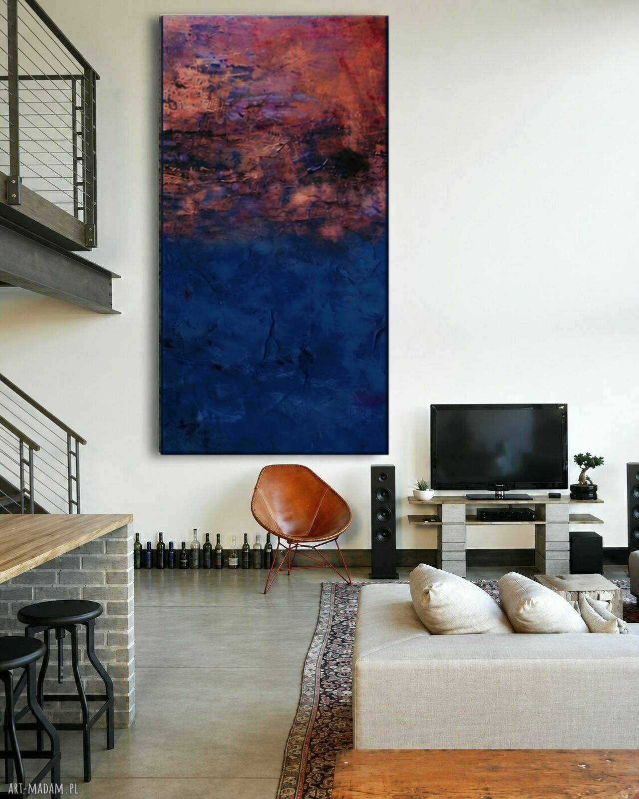 Obraz strukturalny 80x160 cm w kolorach różowa miedź, indygo i granat