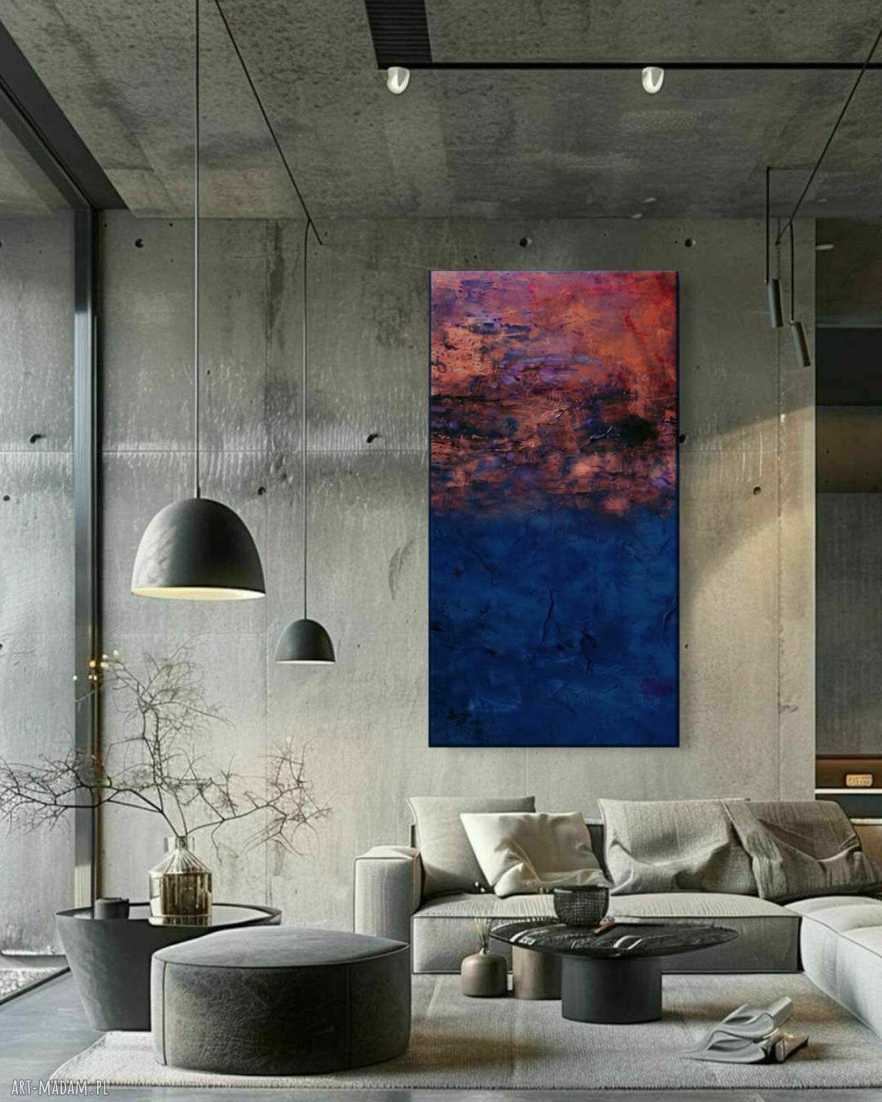 Obraz strukturalny 80x160 cm w kolorach różowa miedź, indygo i granat