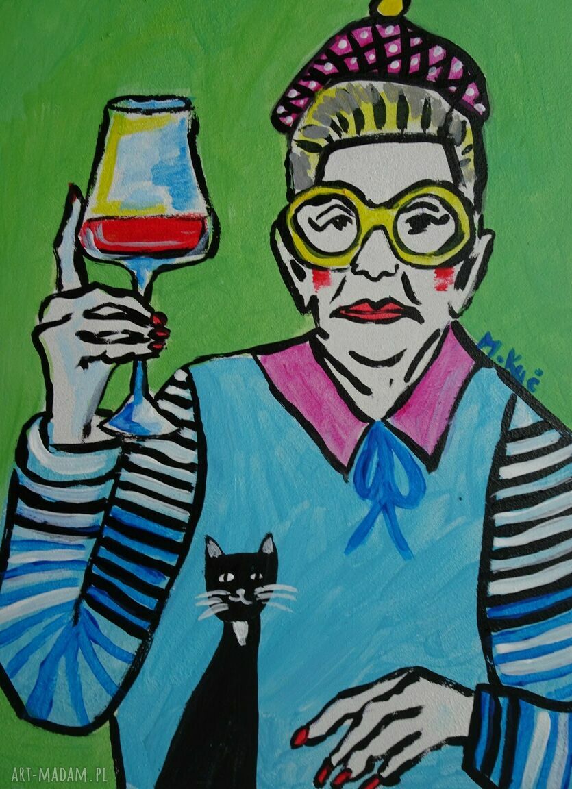 Obraz Babcia z lampką wina - akryl na płycie 21 x 29 cm, limitowana edycja