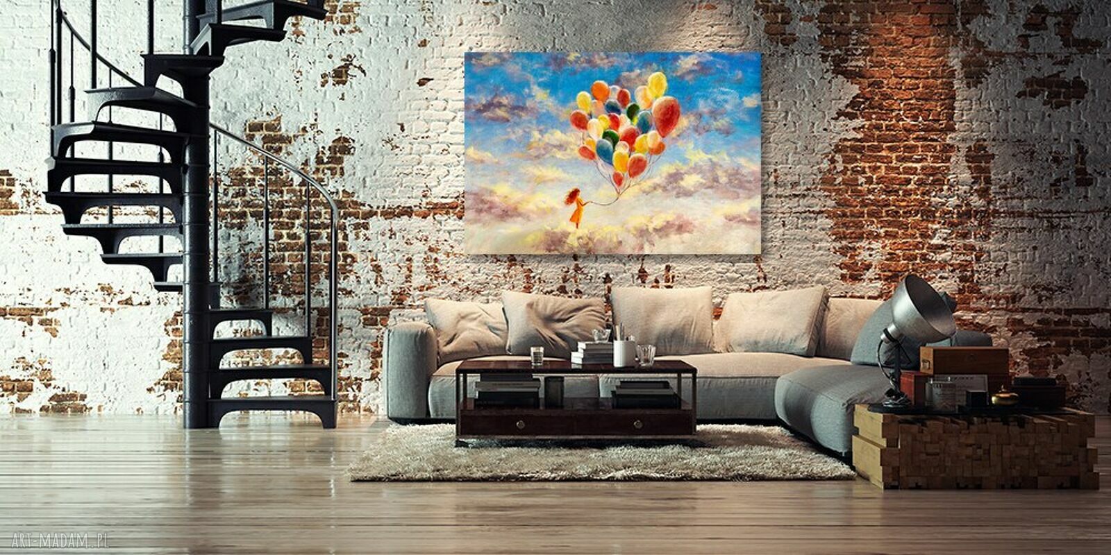 Obraz na płótnie Balony - dziewczynka w chmurach, 120x80 cm
