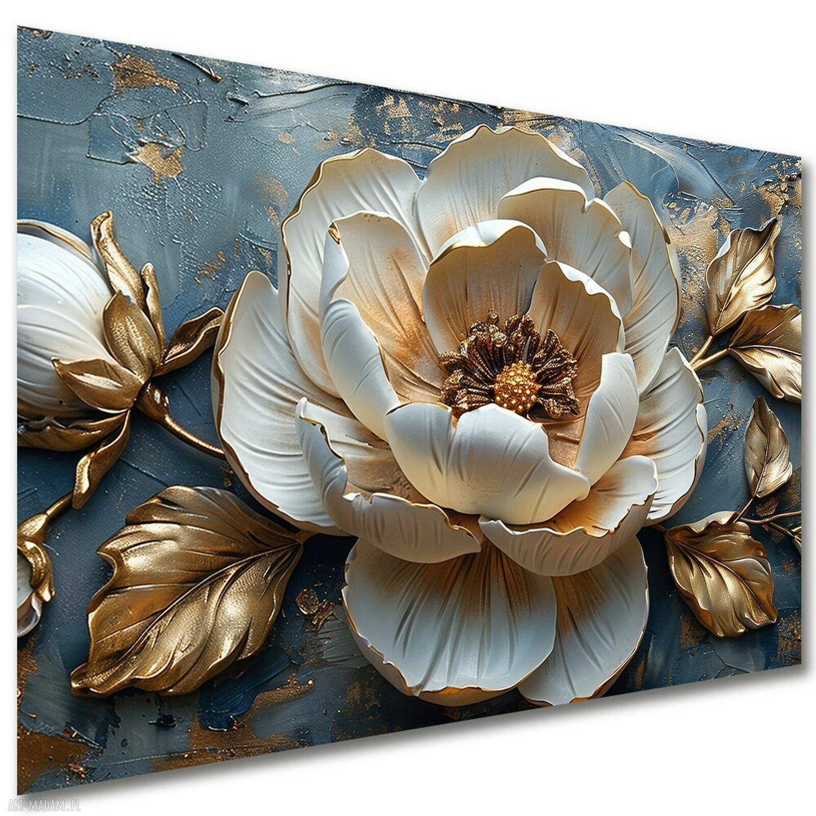 Obraz biała peonia na płótnie 120x80 cm ze złotymi liśćmi