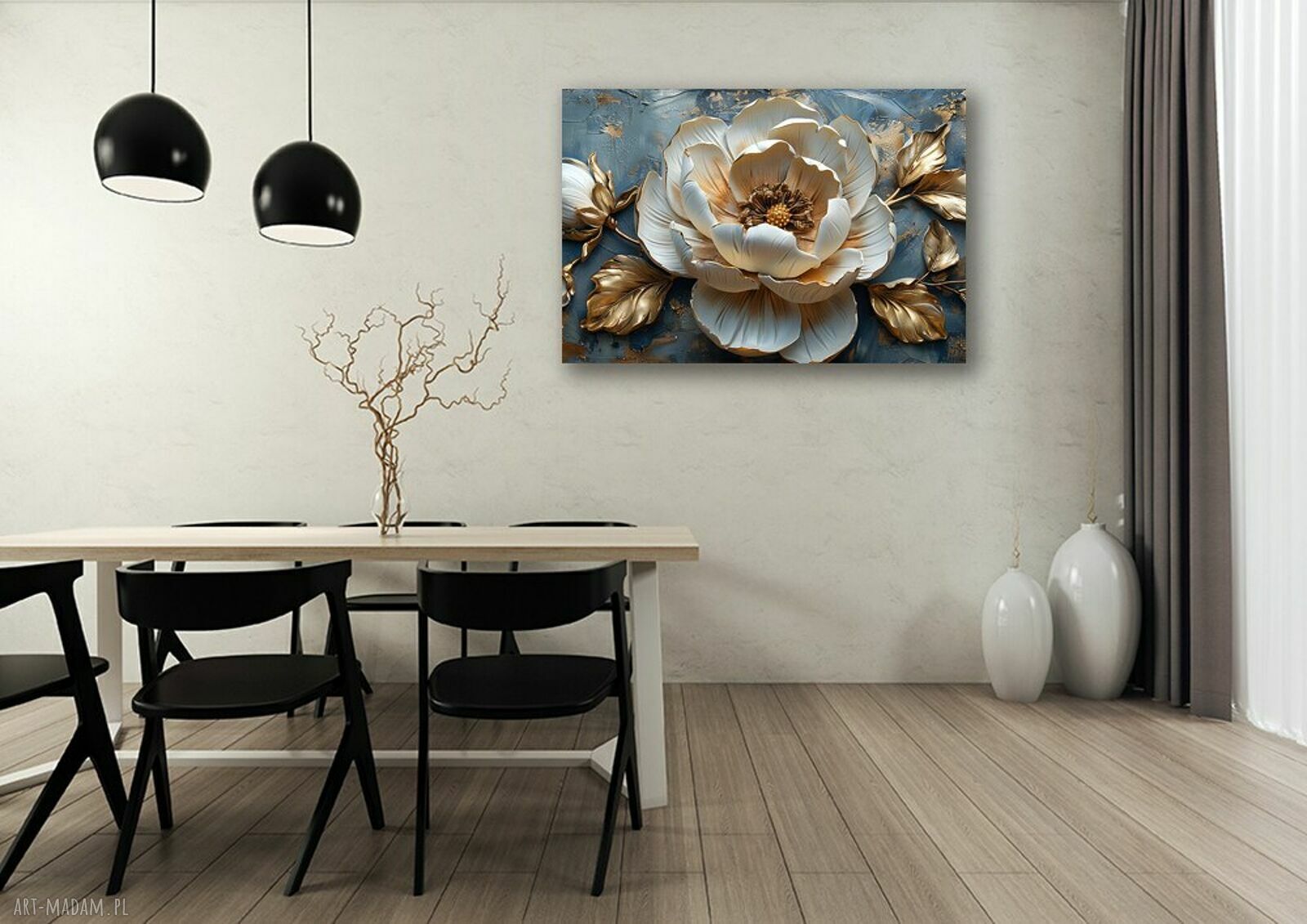 Obraz biała peonia na płótnie 120x80 cm ze złotymi liśćmi