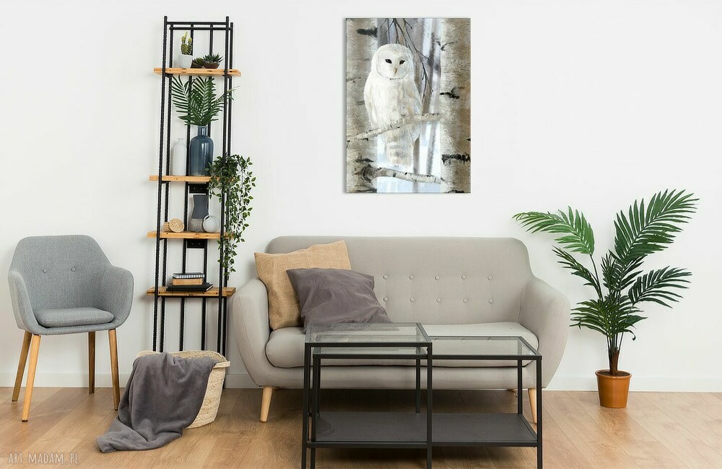 Obraz Biała Sowa w stylu skandynawskim - wydruk na płótnie 70x50 cm