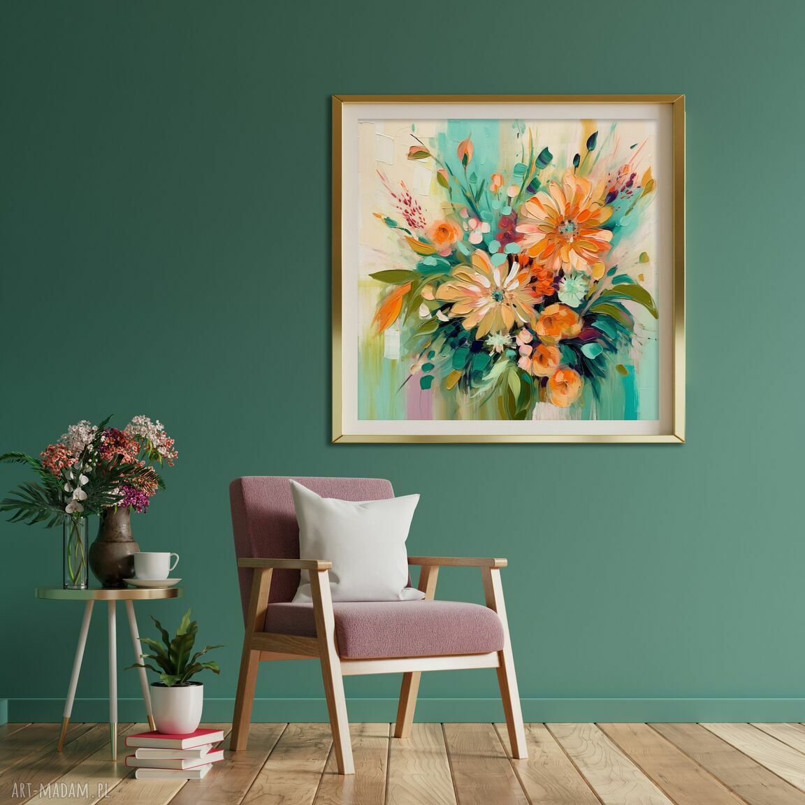 Nowoczesny obraz z kwiatami - bukiet pomarańczowych kwiatów 50x50 cm