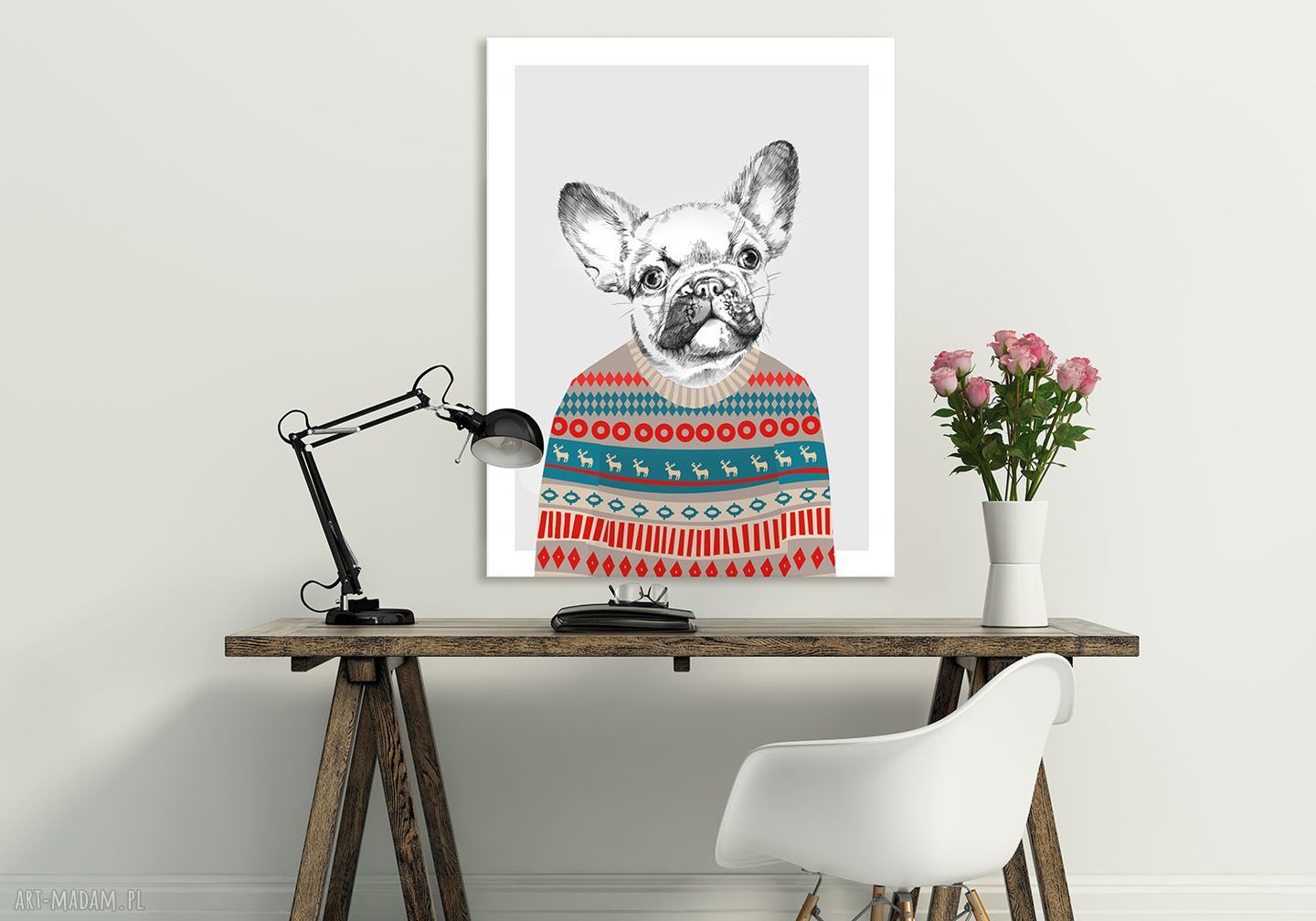 Obraz Buldog francuski w sweterku 60x80 cm - gotowy do powieszenia
