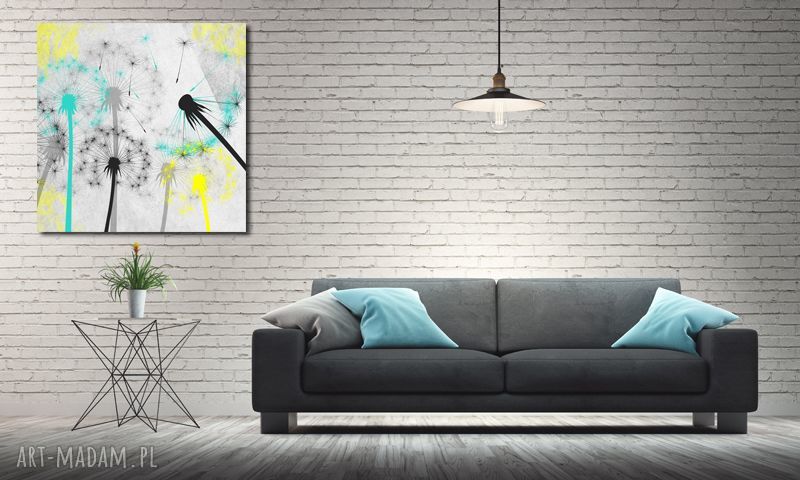 Nowoczesny obraz DMUCHAWCE turkusowe i żółte 100x100 cm z mniszkiem lekarskim - do salonu lub sypialni