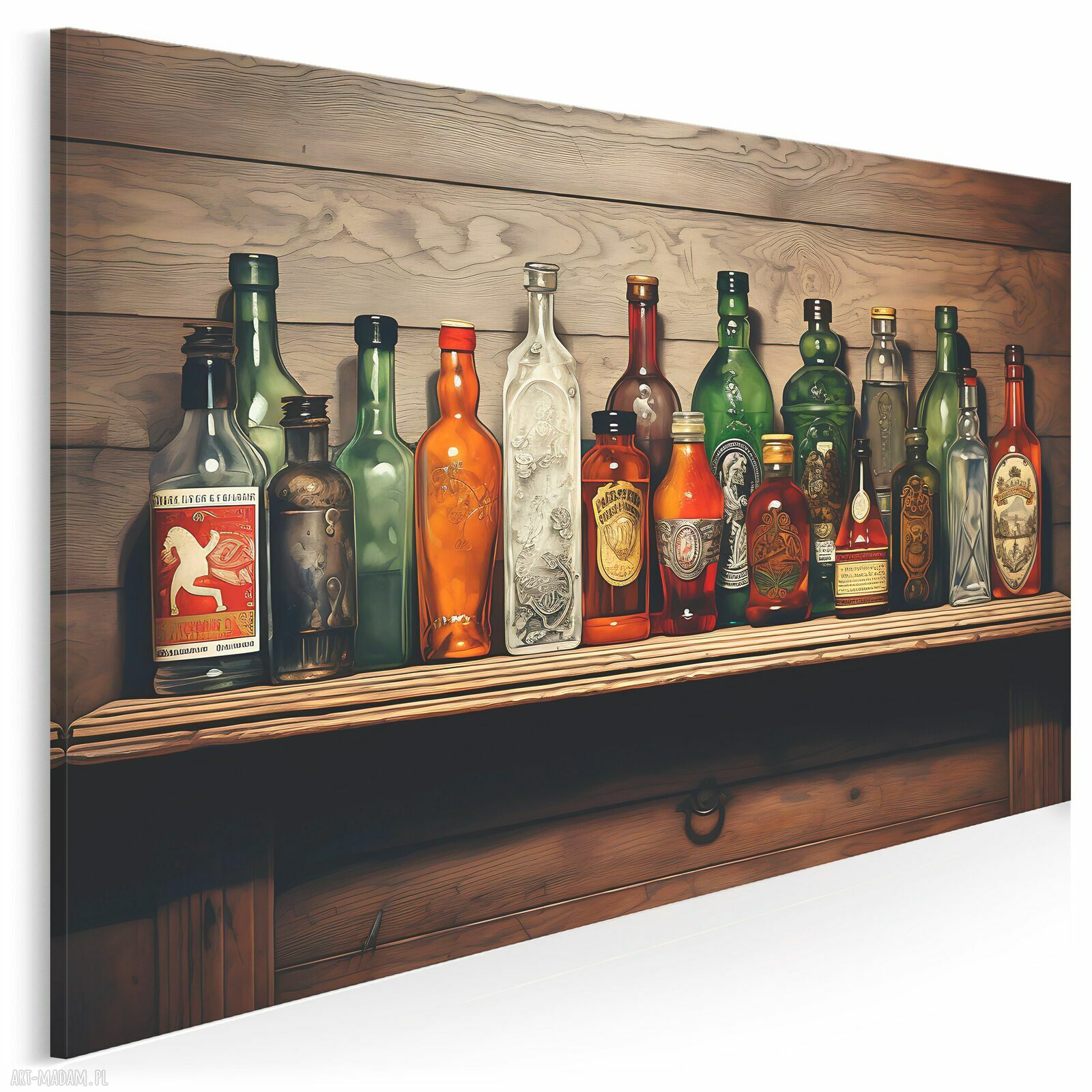 Obraz do kuchni - butelki alkoholu na drewnianej półce vintage 70x50 cm