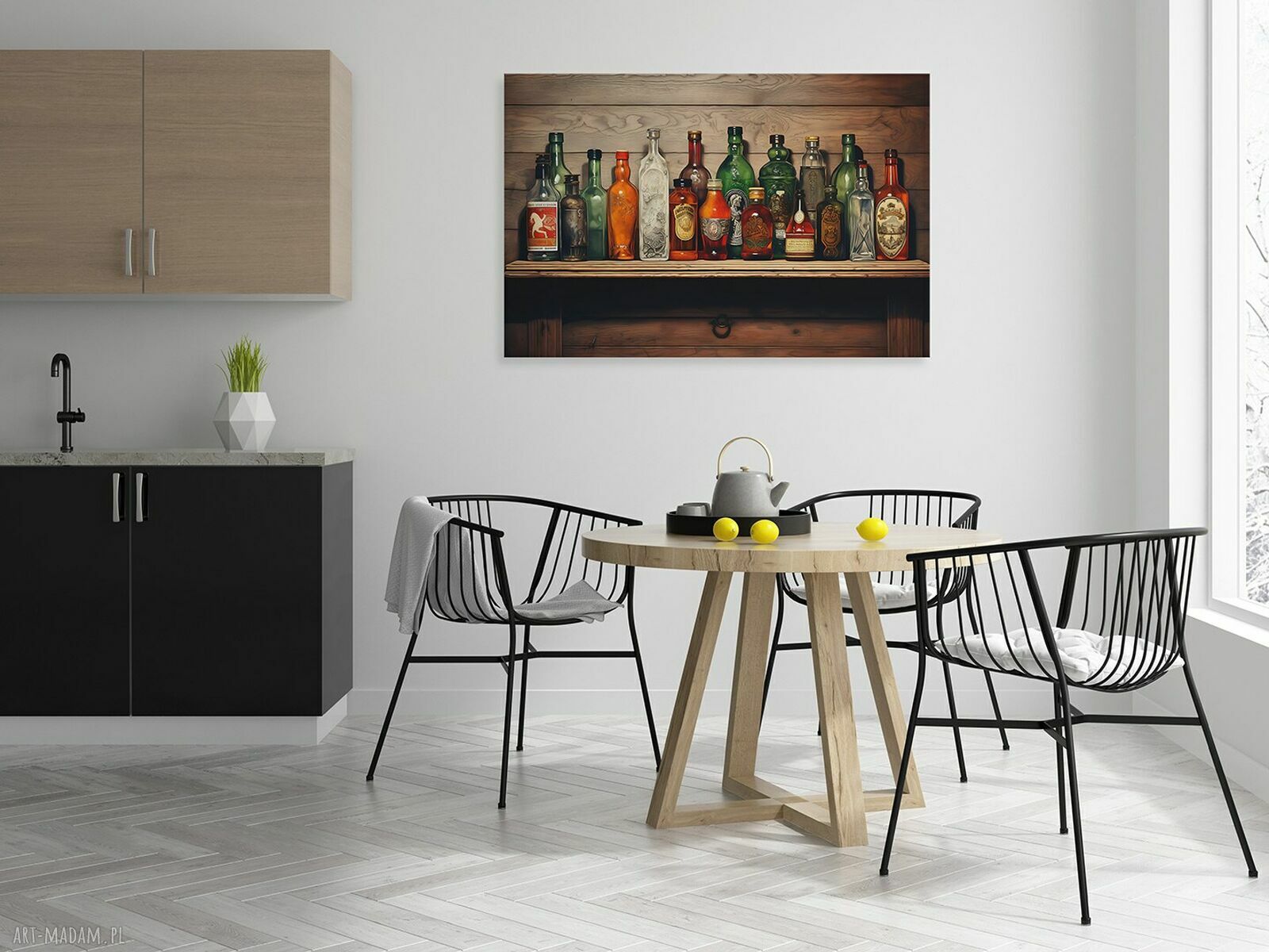 Obraz do kuchni - butelki alkoholu na drewnianej półce vintage 70x50 cm