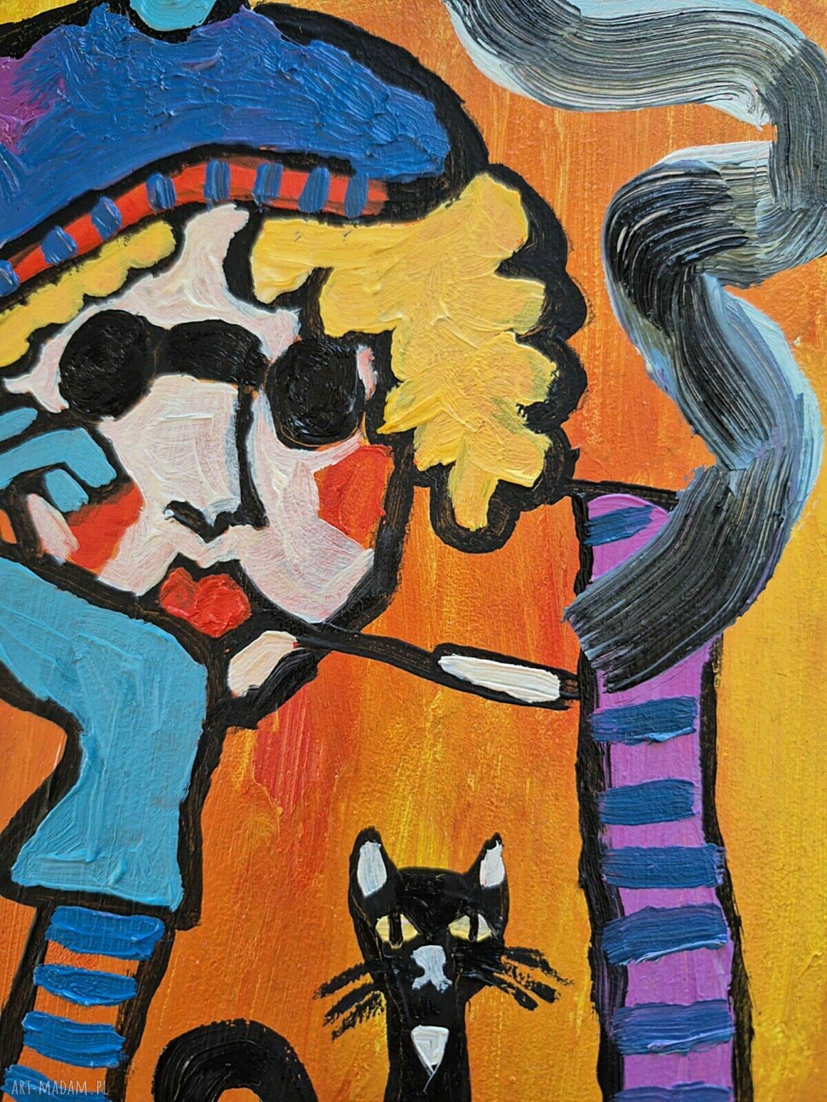 Obraz olejny do salonu "Babcia, czarny kot" 21x29 cm, limitowana edycja | Carmenlotsu
