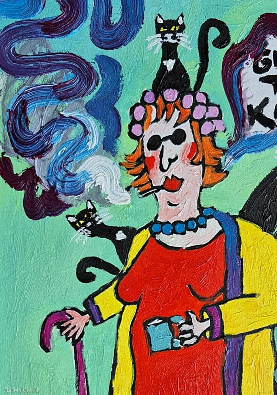 Obraz olejny „Gdzie te koty?” karykatura babci, 21x29 cm