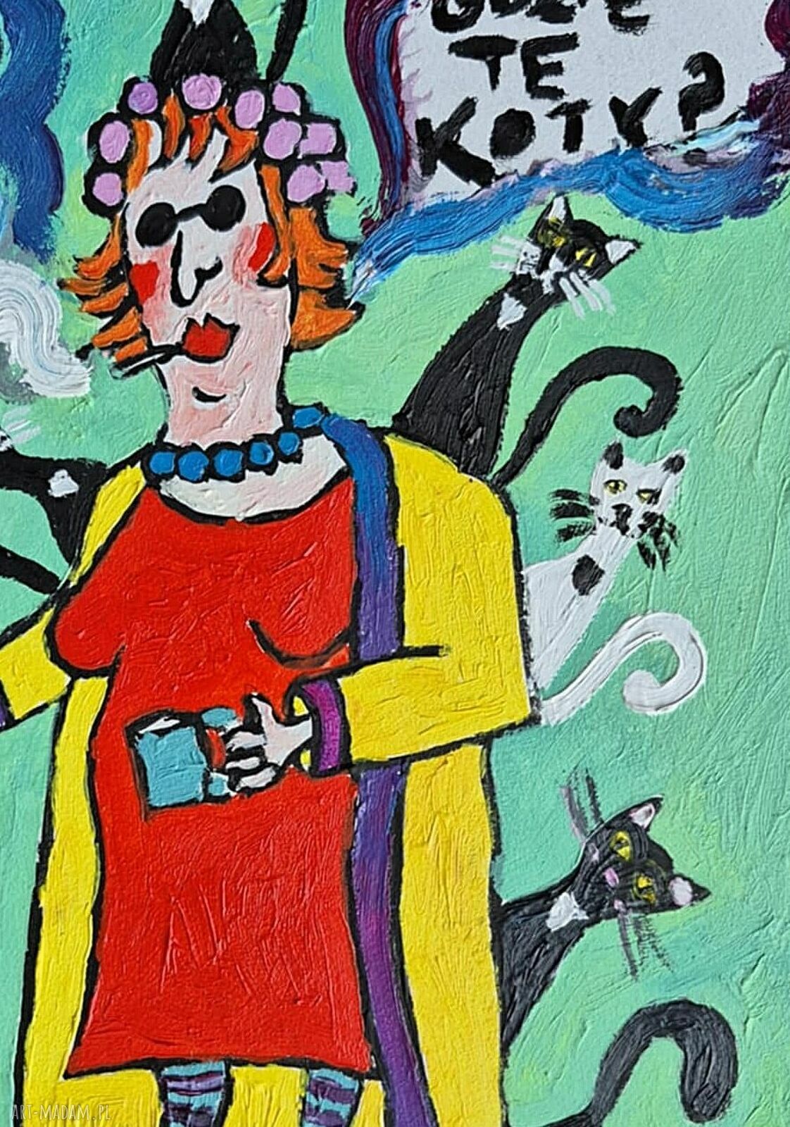 Obraz olejny „Gdzie te koty?” karykatura babci, 21x29 cm