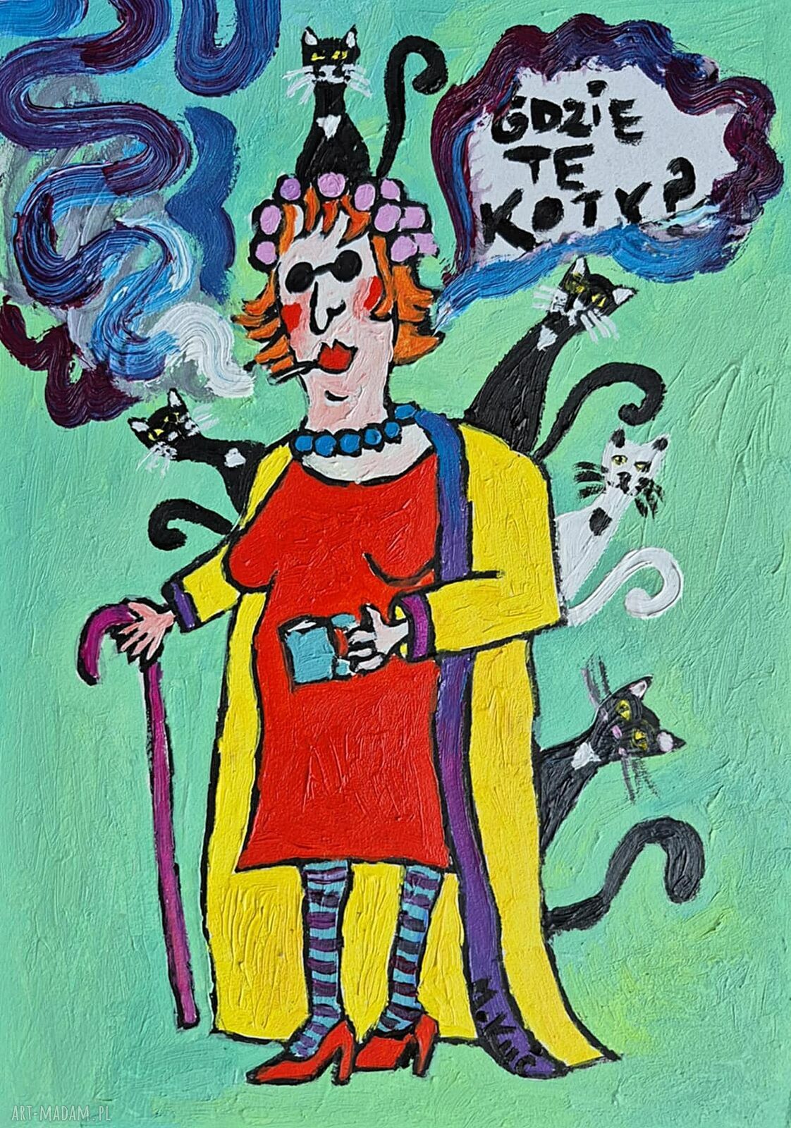 Obraz olejny „Gdzie te koty?” karykatura babci, 21x29 cm