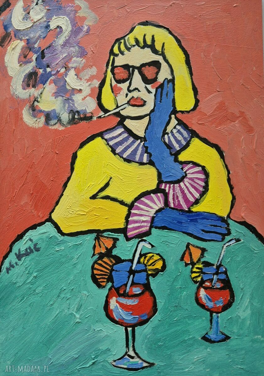 Babcia z drinkiem obraz do salonu, olej ręcznie malowany 21x29 cm