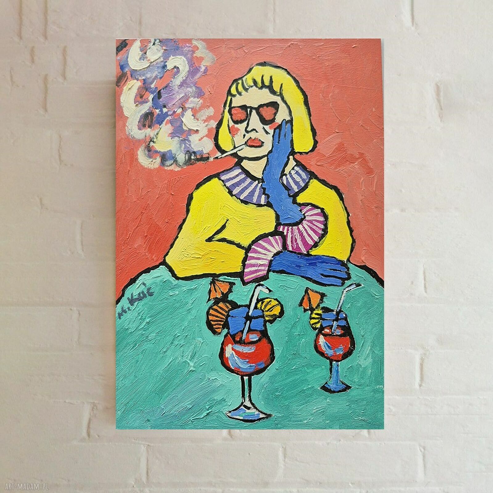Babcia z drinkiem - obraz do salonu, olej ręcznie malowany 21x29 cm