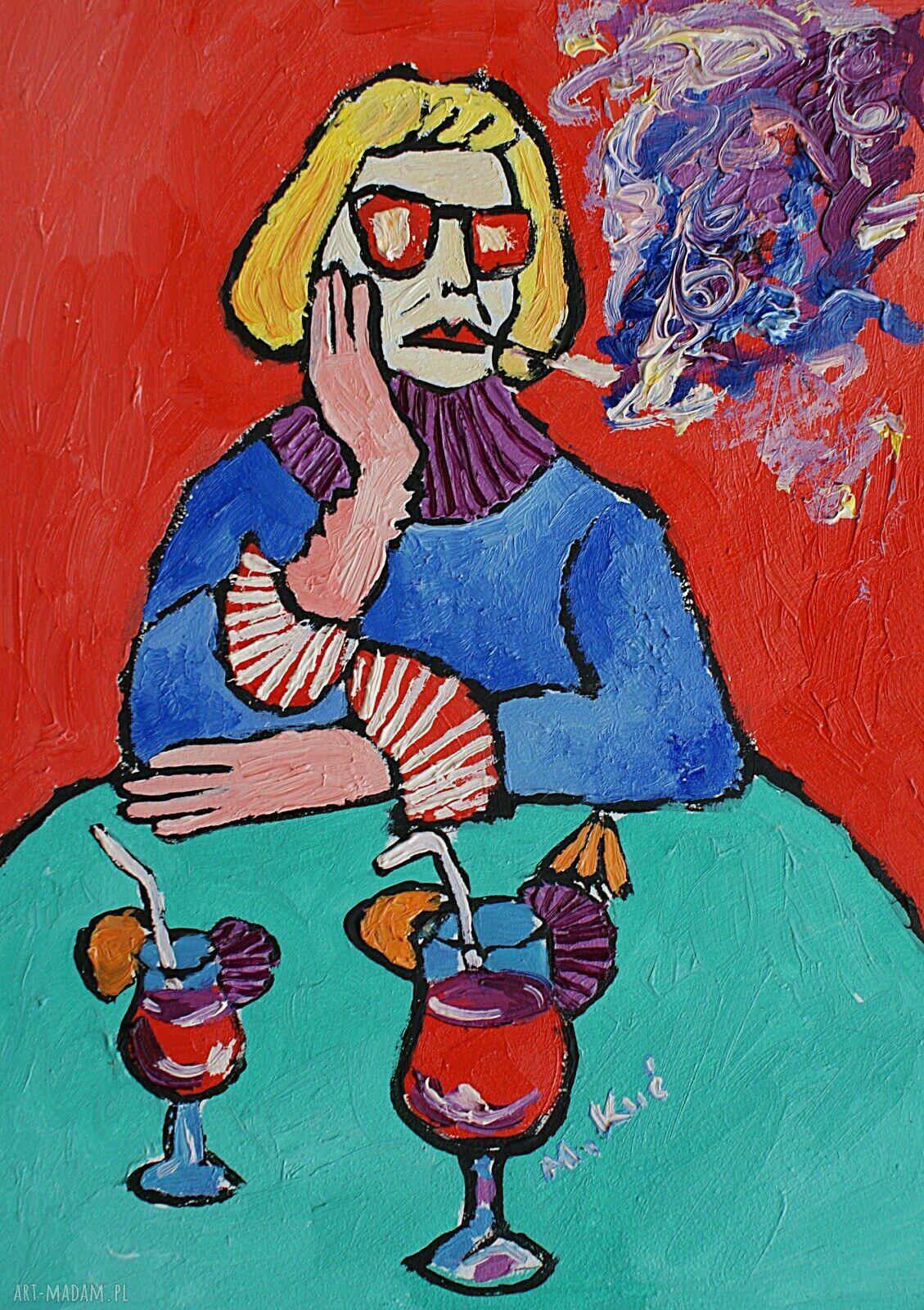 Obraz olejny do salonu „Babcia z drinkiem” z kwiatami w wazonie 21x29 cm