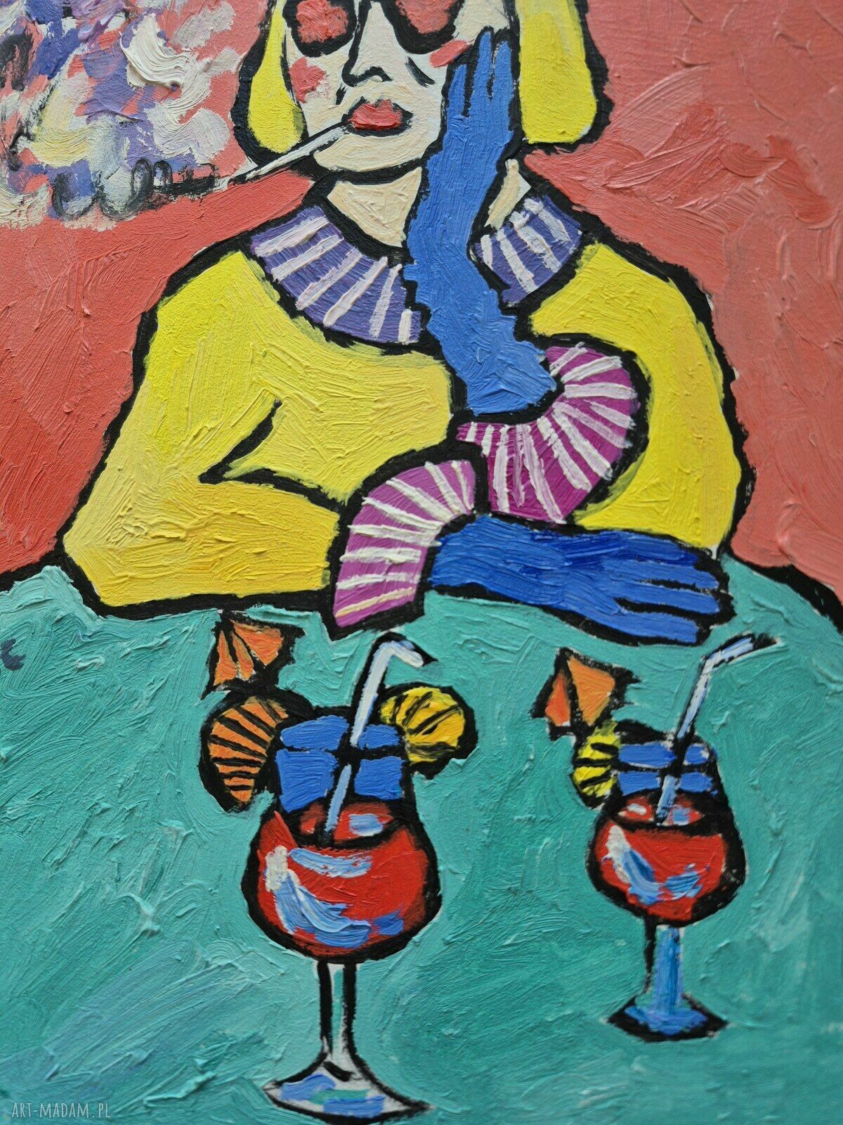 Babcia z drinkiem obraz do salonu, olej ręcznie malowany 21x29 cm