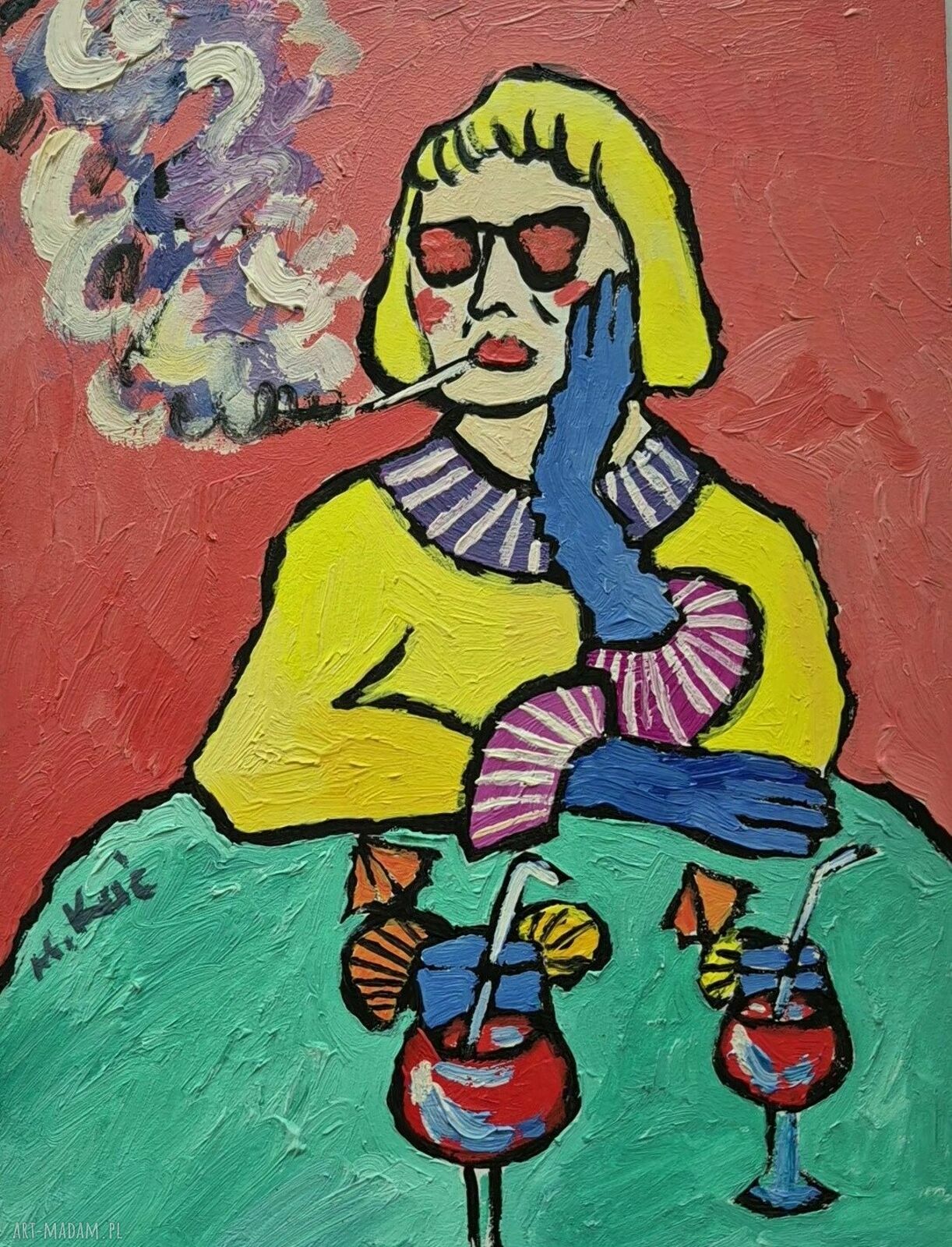 Babcia z drinkiem obraz do salonu, olej ręcznie malowany 21x29 cm
