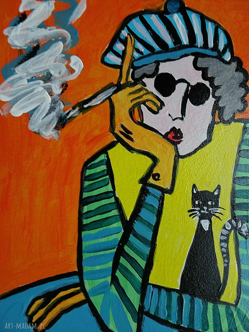 Obraz Babcia z fajką ręcznie malowany akryl do salonu 21x29 cm
