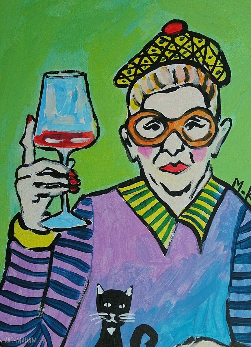 Obraz do salonu Babcia z lampką winka malarstwo współczesne akryl na płycie A4 (limitowana edycja) art Madam.pl