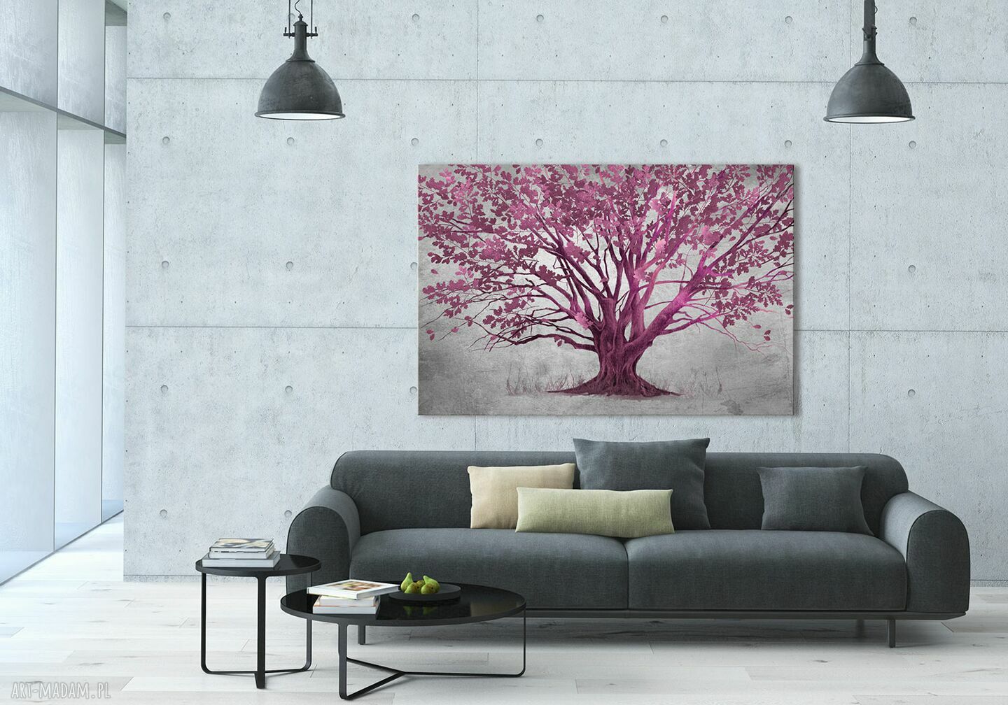 Obraz do salonu z fuksjowym drzewem na płótnie 120x80 cm