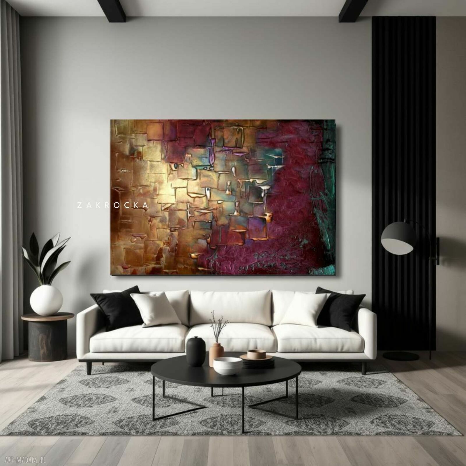 Obraz do salonu z rzeźbą Śliwka w złocie 80x120 cm - struktura i złote akcenty