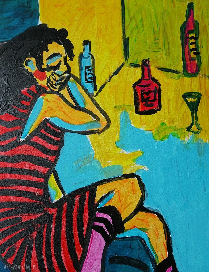 Obraz do salonu „Dziewczyna z kotem” ręcznie malowany akrylami (30x42 cm)