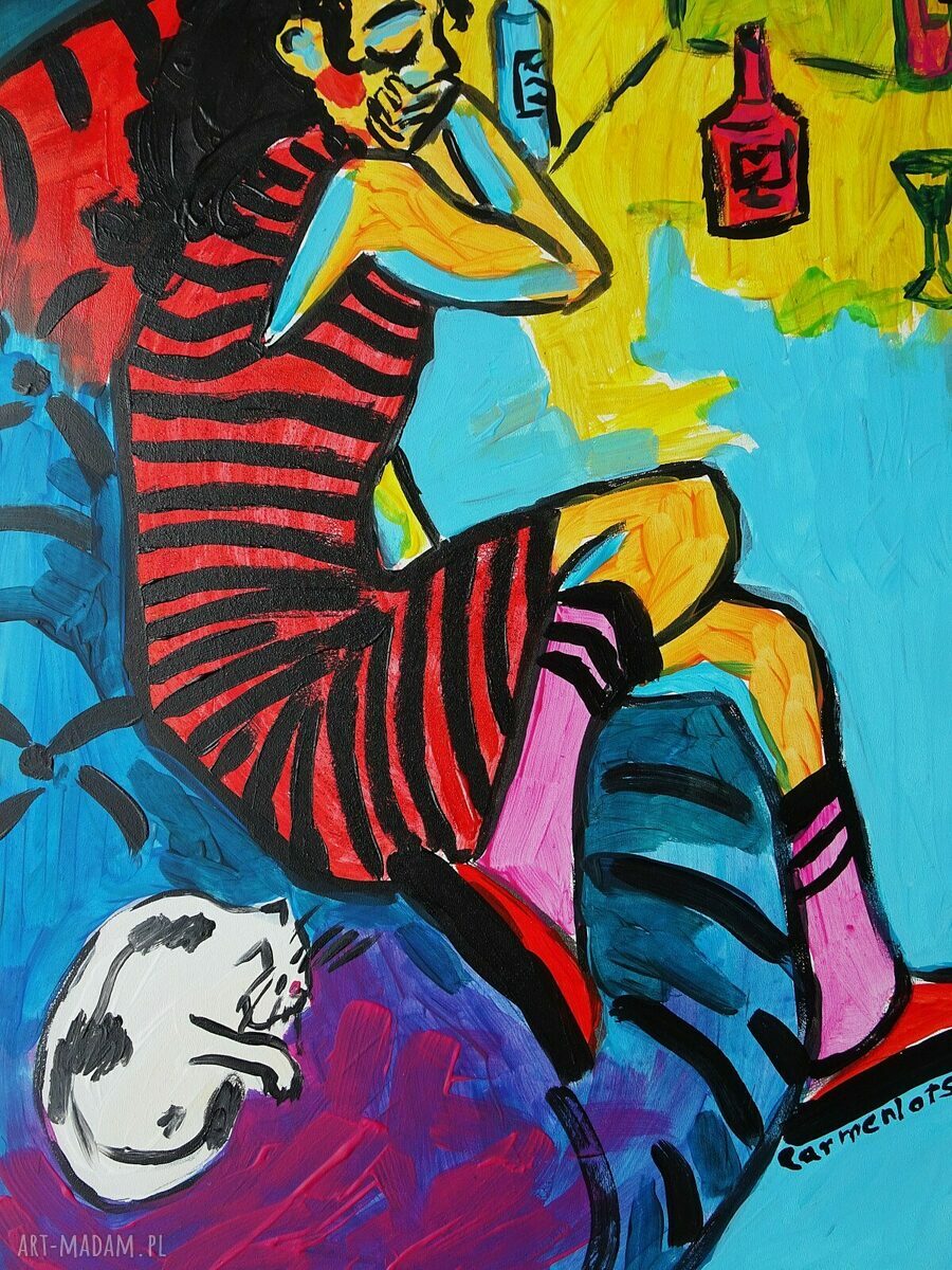 Obraz do salonu „Dziewczyna z kotem” ręcznie malowany akrylami (30x42 cm)